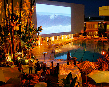 beverly hilton hotel aqua star pool movie screening at night